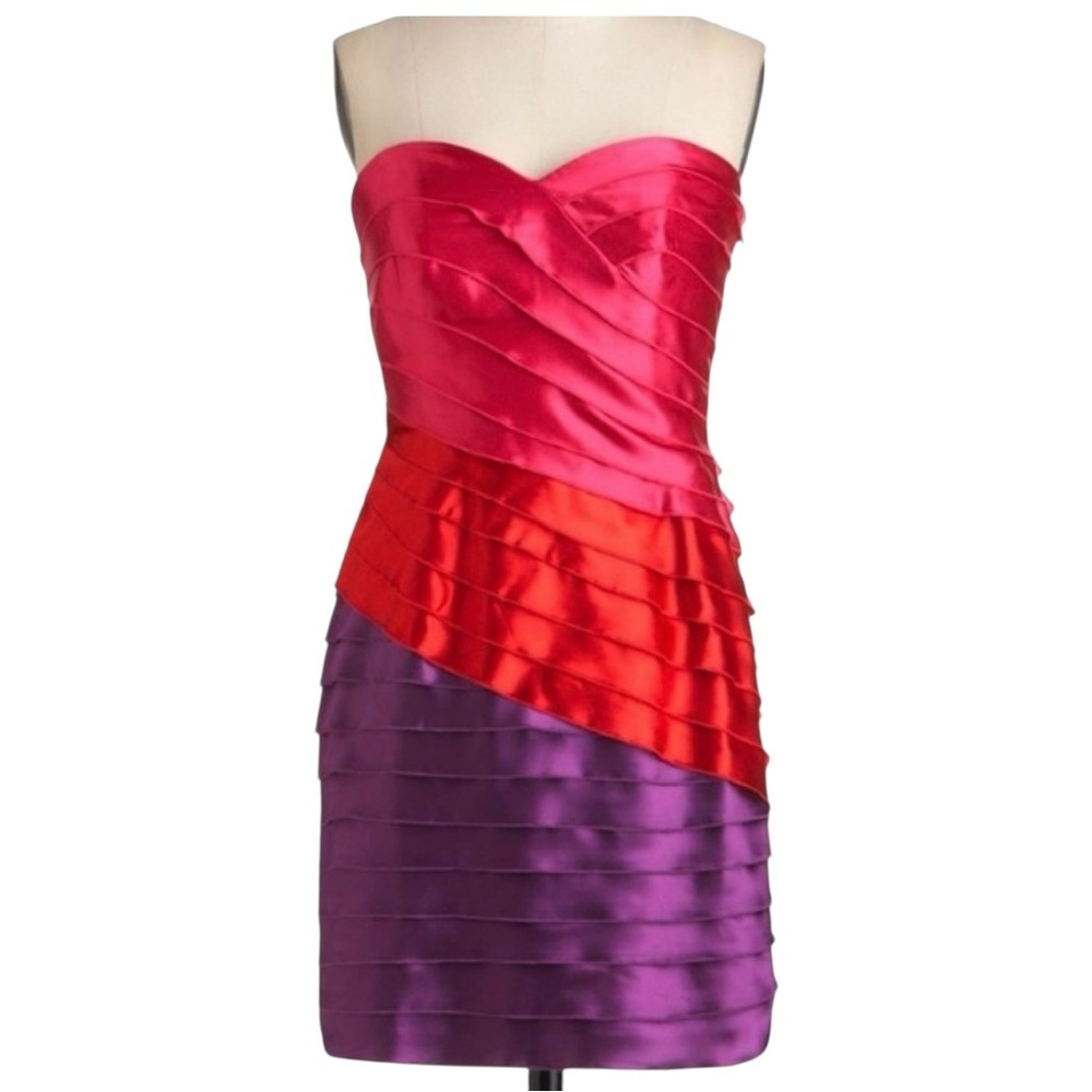 Max & Cleo Strapless Satin Dress - Fuchsia, Scarlet, and Violet